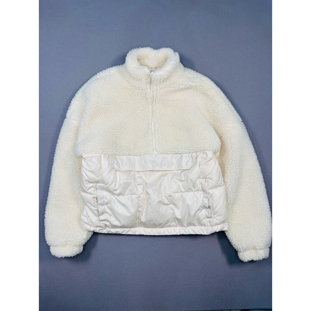 Fabletics Cream Sherpa and Satin Cropped Quarter Zip Pullover Size Small